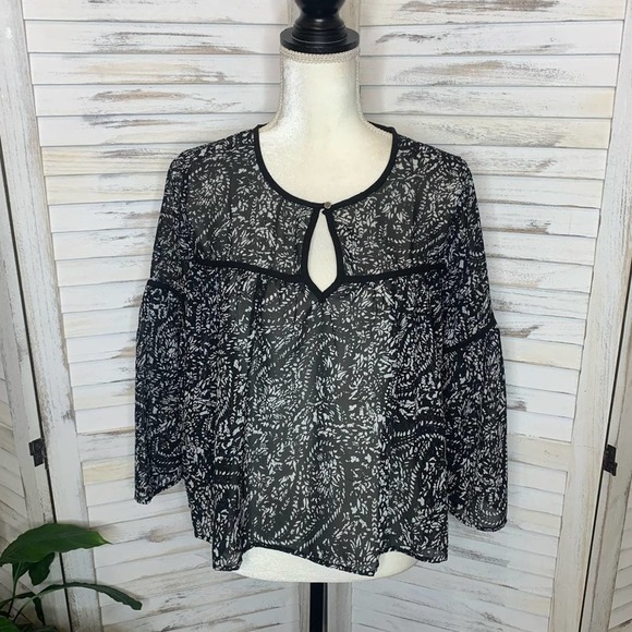 LUCKY BRAND Women’s S Floral Sheer Printed Bell Sleeve Blouse Boho Peasant Boxy - Picture 11 of 11